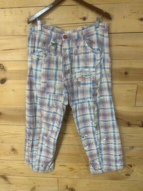 EUC Magnolia Pearl Pink Blue Plaid Distressed Painter Adjustable Art Pants